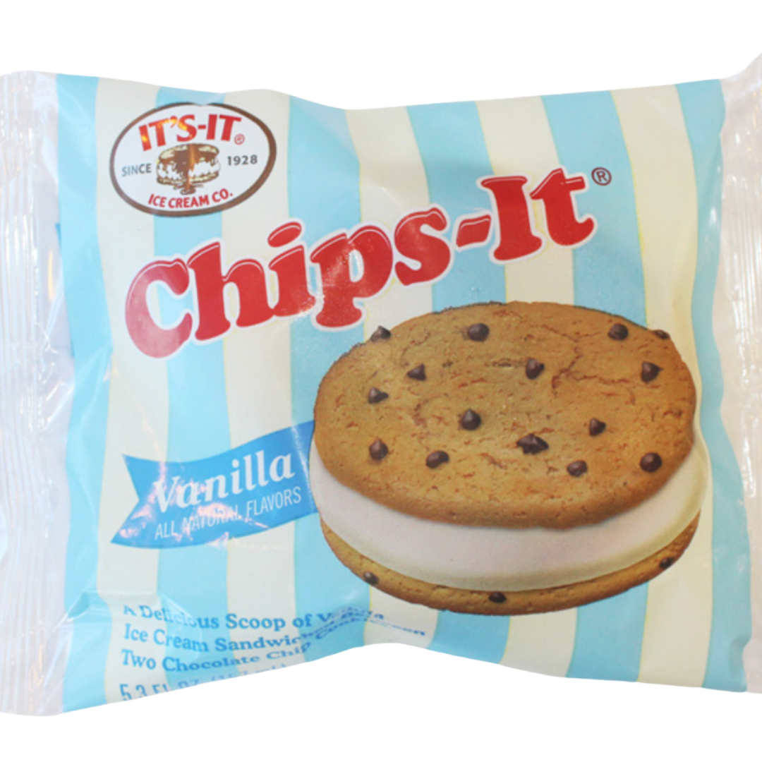 Vanilla Chips-It IT'S IT packaging with image of ice cream cookie sandwich.